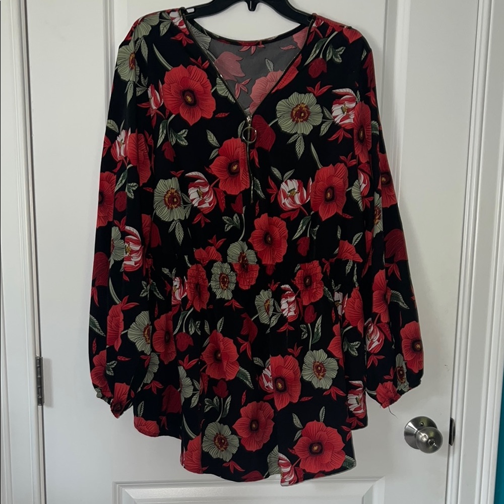 SHEIN Red and Black Graphic Long Sleeve Blouse